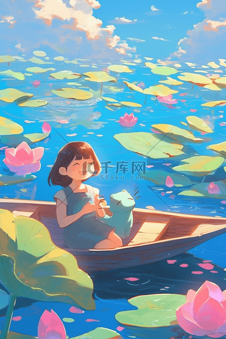 夏季池塘莲叶荷花手绘插画海报