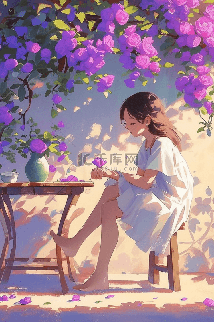 手绘夏季唯美紫色蔷薇女孩海报插画图片
