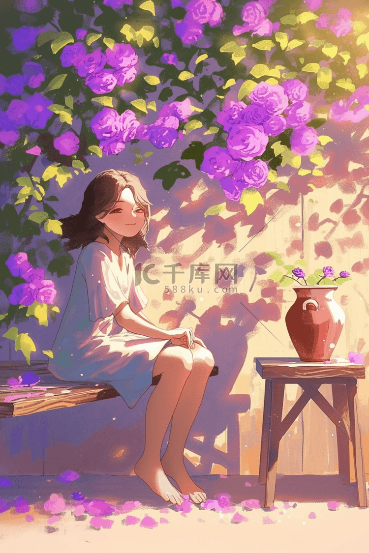 夏季唯美紫色蔷薇女孩手绘海报插画图片