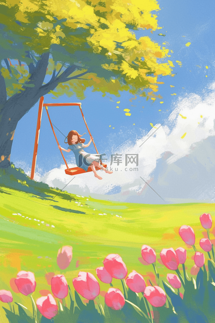 女孩秋千唯美手绘夏季插画