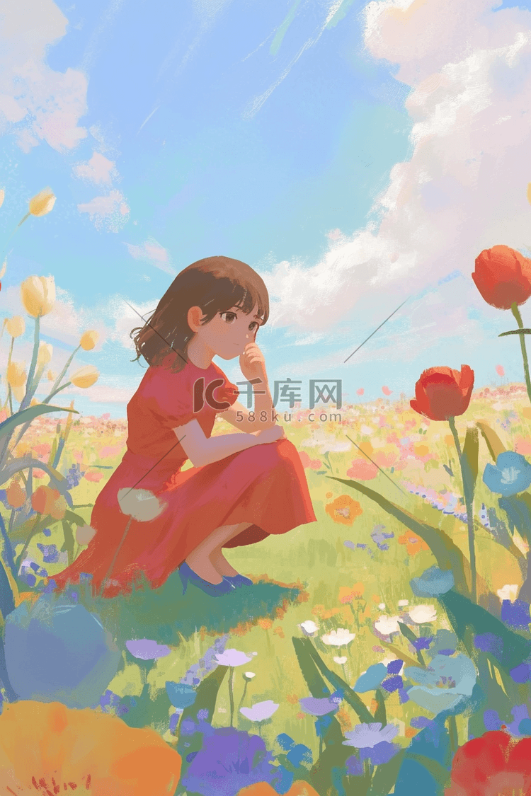 夏季女孩鲜花手绘插画海报