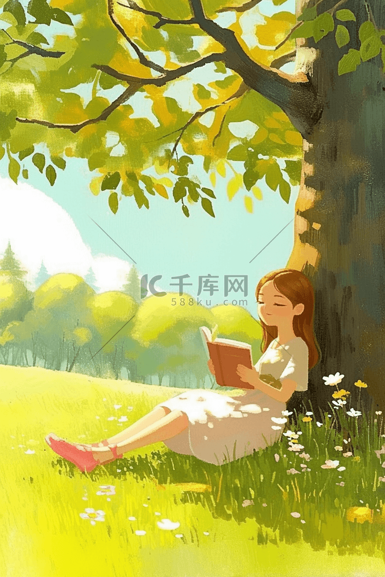 女孩树下读书插画海报夏季
