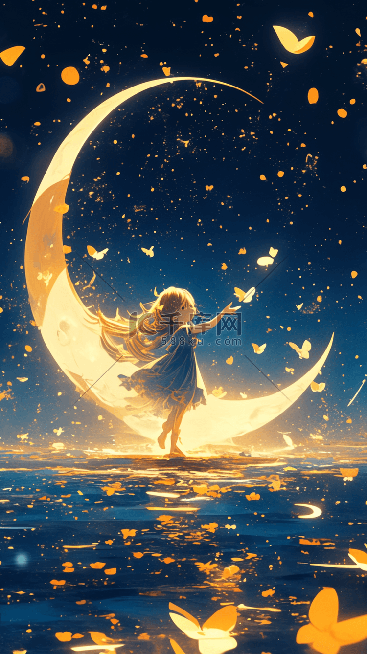 六一儿童节梦幻治愈小女孩和月亮插画素材