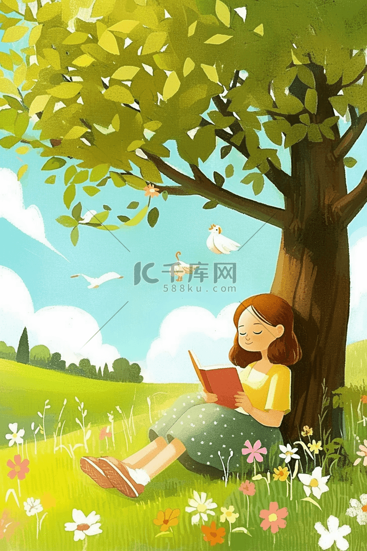 女孩树下读书插画夏季海报