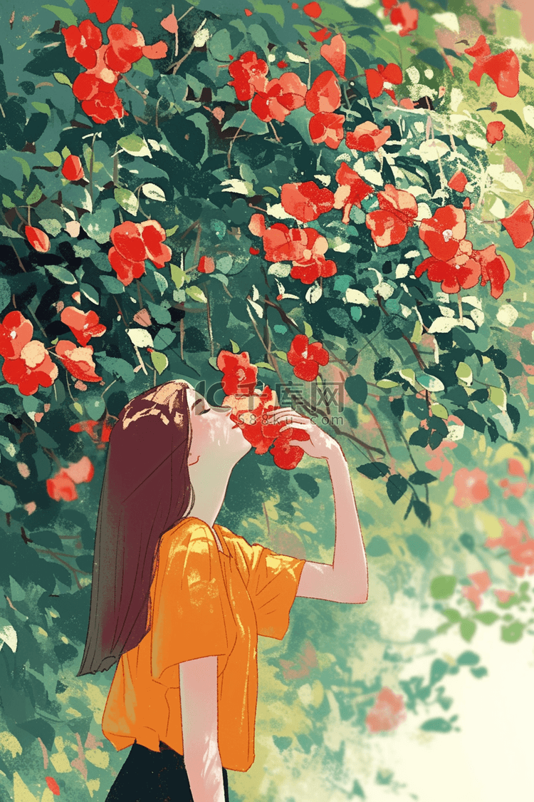 夏季蔷薇花女孩手绘插画海报唯美