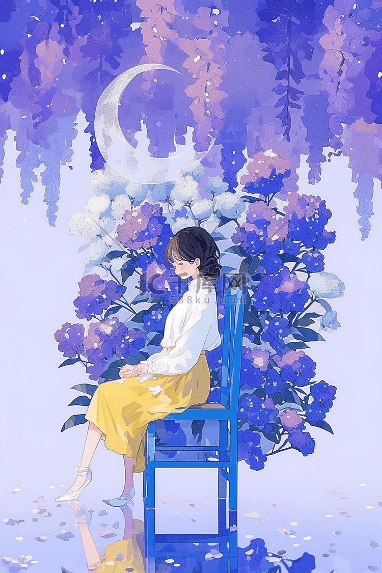 丁香花女孩唯美手绘插画