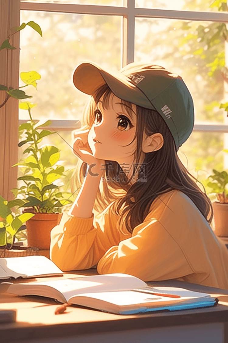 室内读书手绘女孩海报插画图片