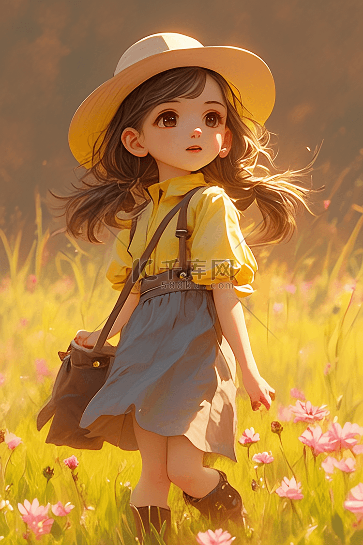 手绘夏季女孩唯美花海海报插画海报