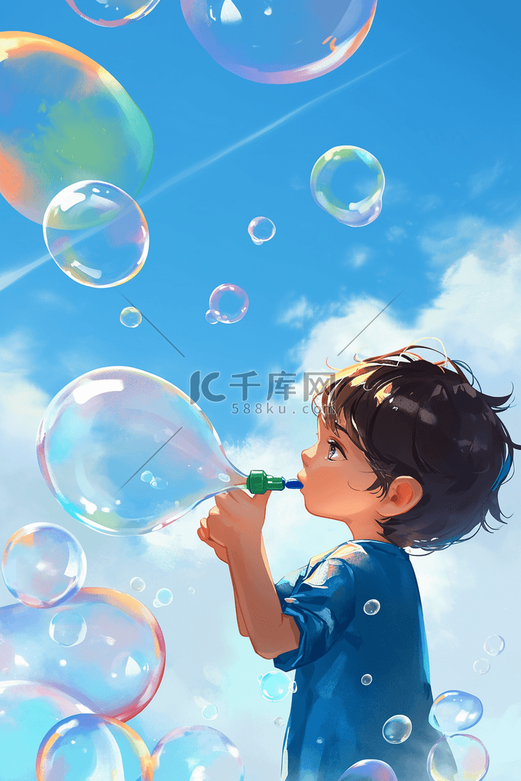 夏天插画可爱男孩吹泡泡手绘海报
