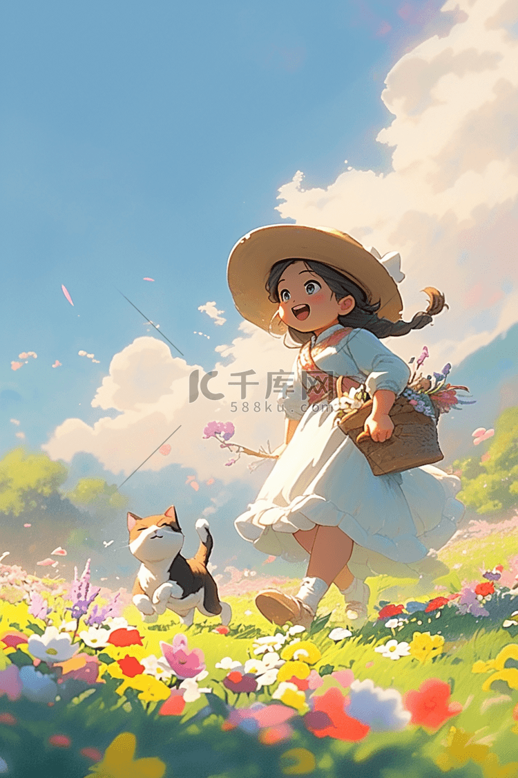 可爱女孩奔跑夏天手绘插画海报