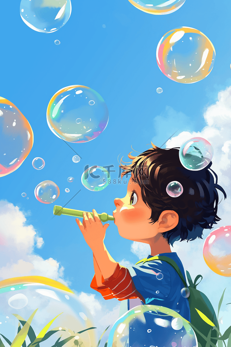 可爱男孩吹泡泡夏天手绘插画海报