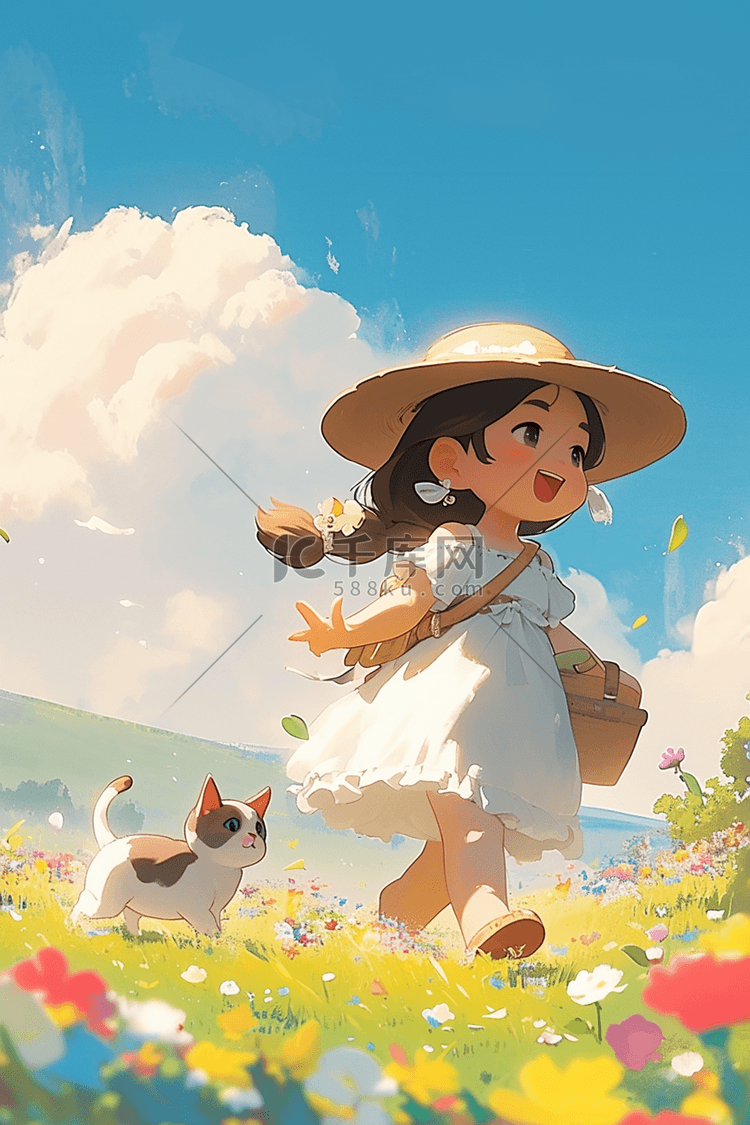 可爱女孩夏天奔跑手绘插画海报