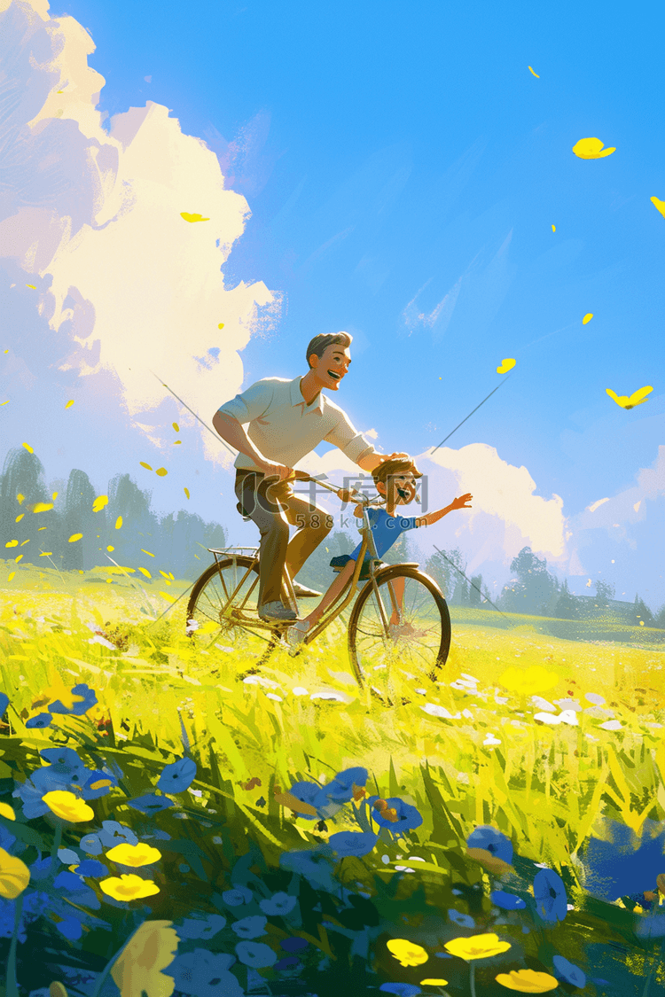 插画夏天父亲孩子骑车玩耍手绘