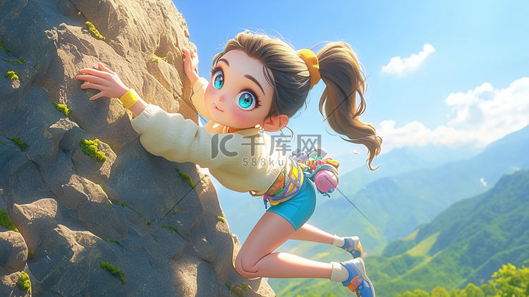 户外风景绘画时尚女孩爬山攀登的插画
