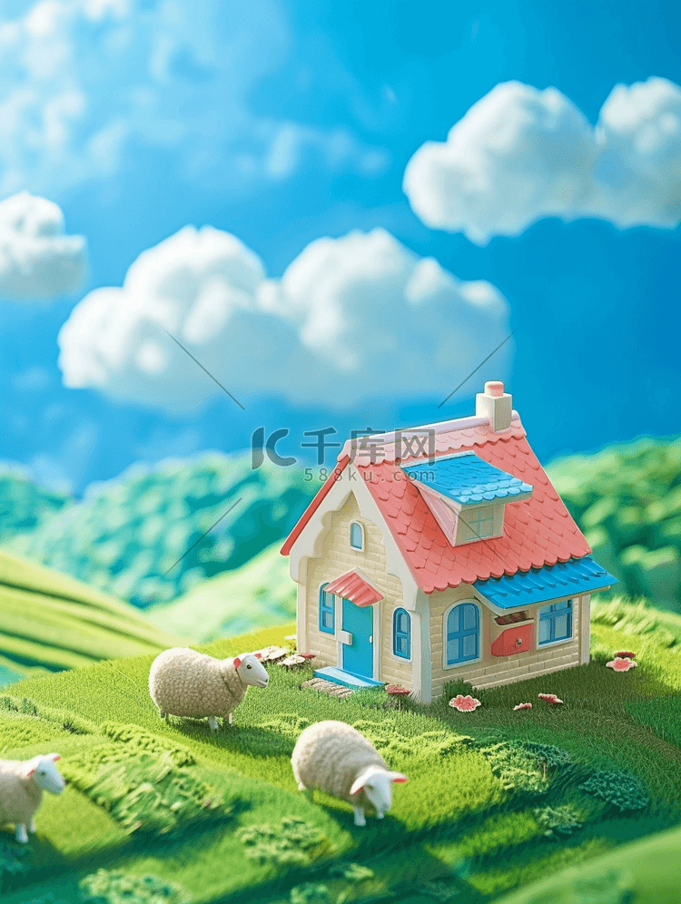 唯美场景蓝天白云田园羊羔房屋的插画