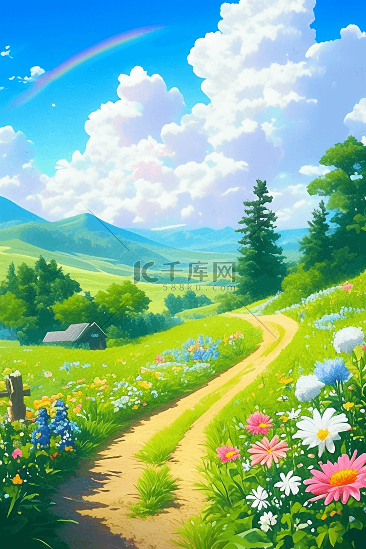 弯曲的小路绿草风景手绘夏天海报插图