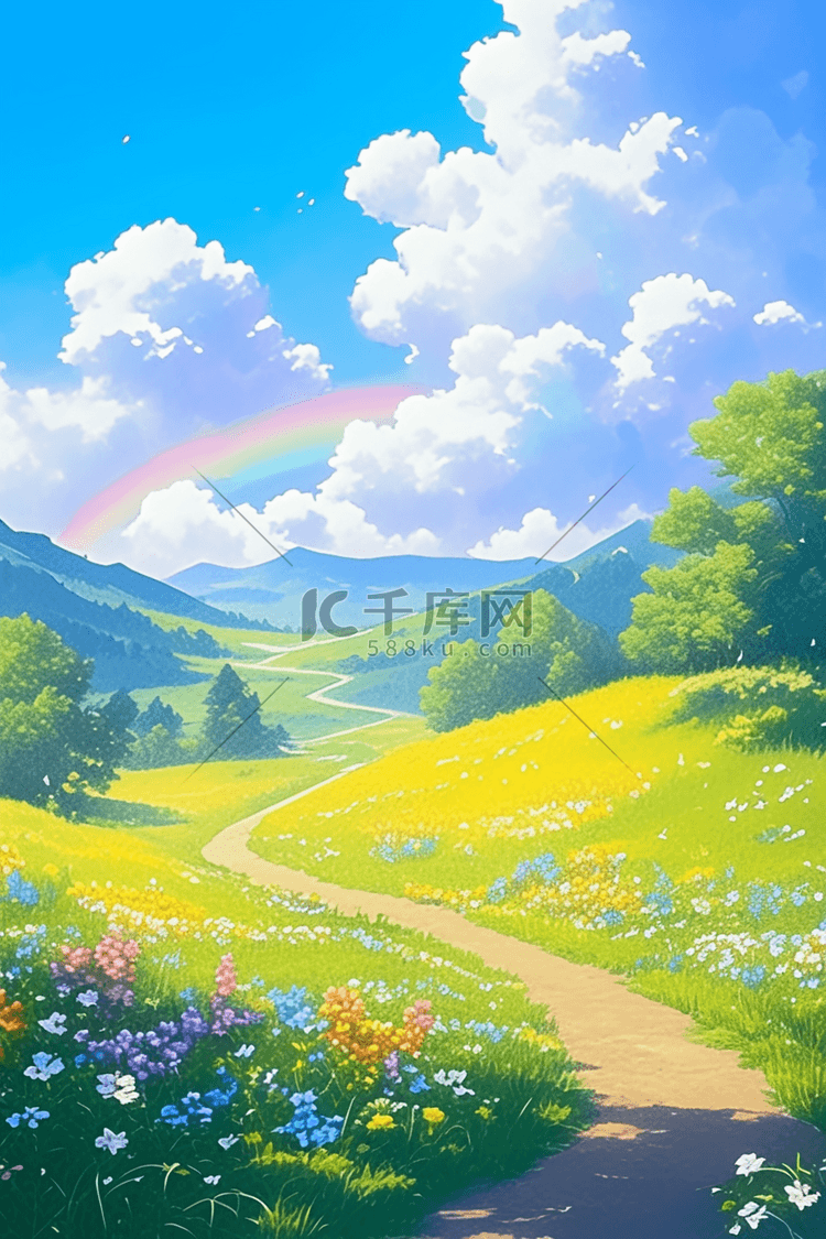 绿草夏天弯曲的小路风景手绘海报插画素材