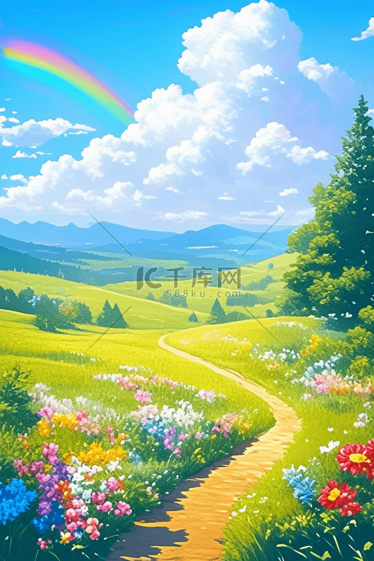 弯曲的小路夏天绿草风景手绘海报插画