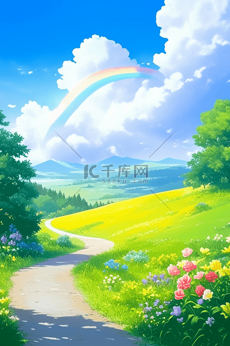 夏天绿草弯曲的小路风景手绘海报插画图片