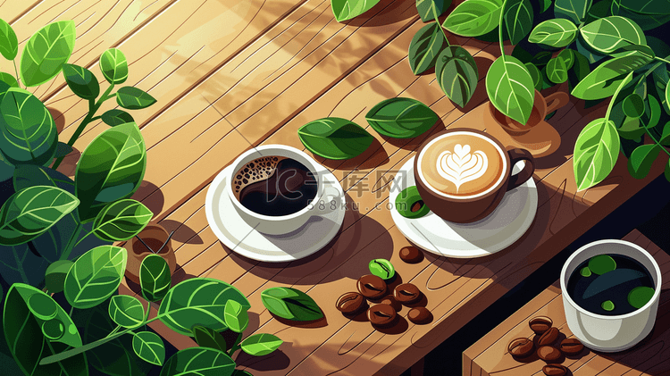 绘画文艺风格桌面咖啡树叶的插画