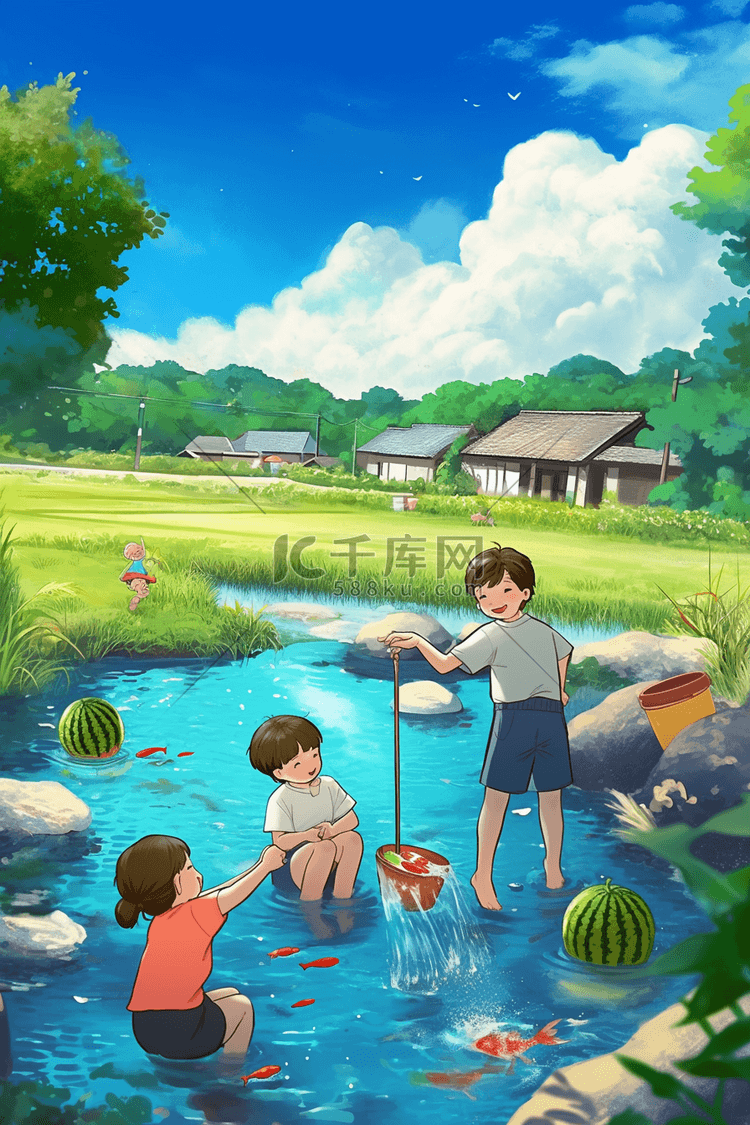 夏天卡通池塘玩耍孩子手绘插画