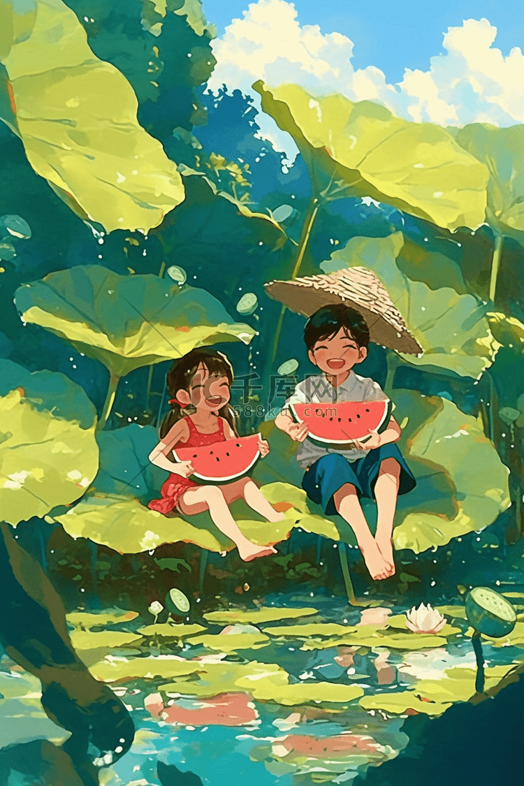插画夏天荷叶孩子手绘海报