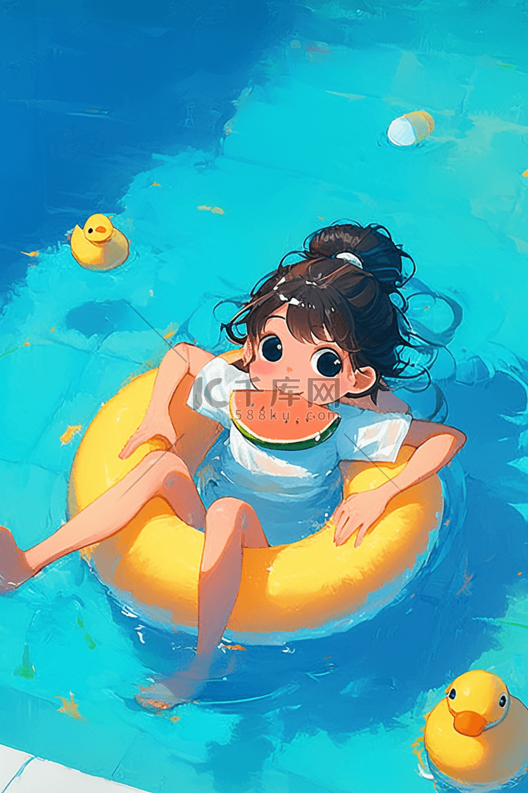 夏季女孩游泳手绘插画海报