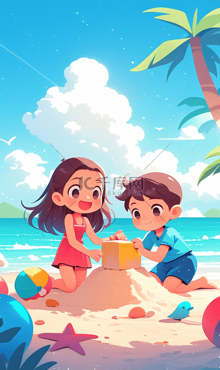 椰子树夏季沙滩海滩儿童玩耍插画