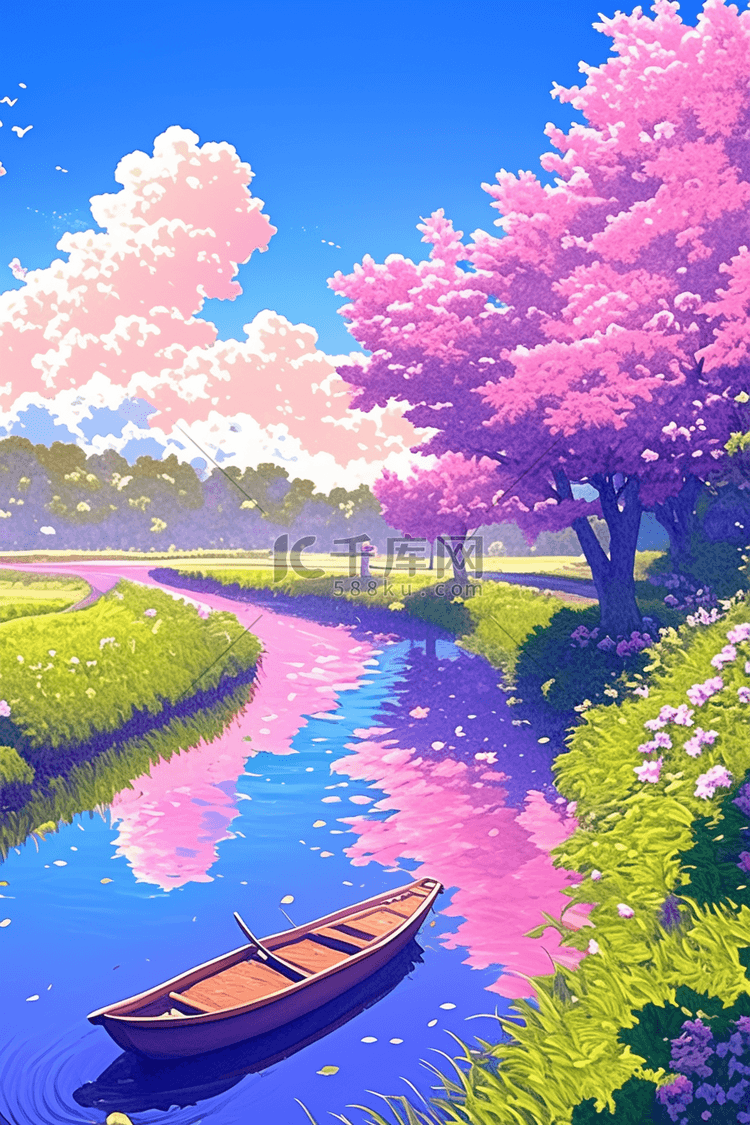 夏天紫色浪漫风景手绘唯美插画