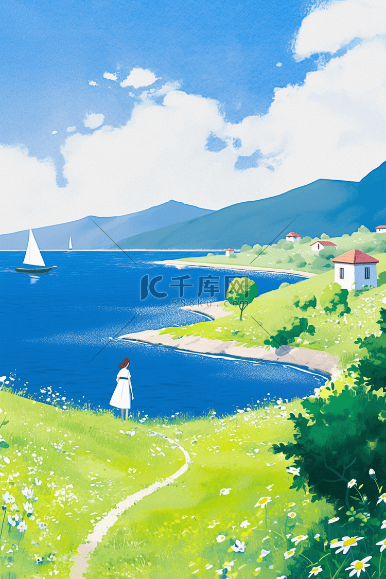 唯美夏季风景海边插画海报
