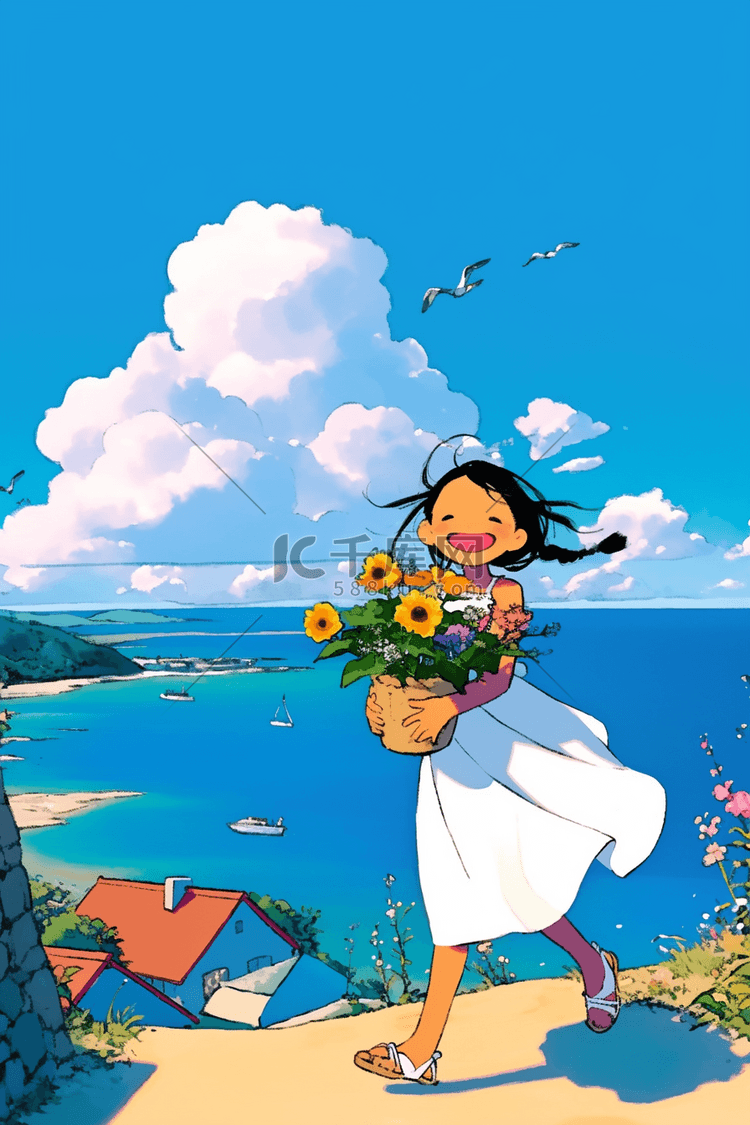 海边女孩唯美手绘海报夏季插画素材