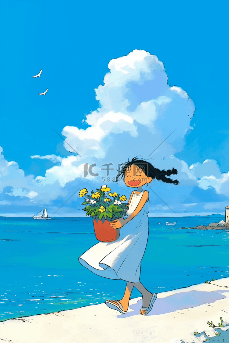 海边女孩夏季唯美手绘海报素材
