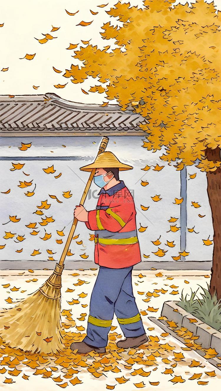 手绘晨起扫落叶的环卫工人插画图片