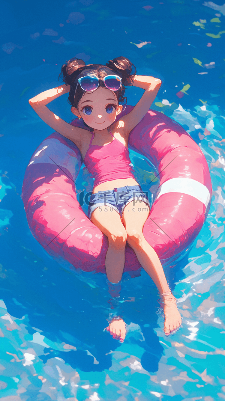 夏日清凉女孩游水泳圈插画