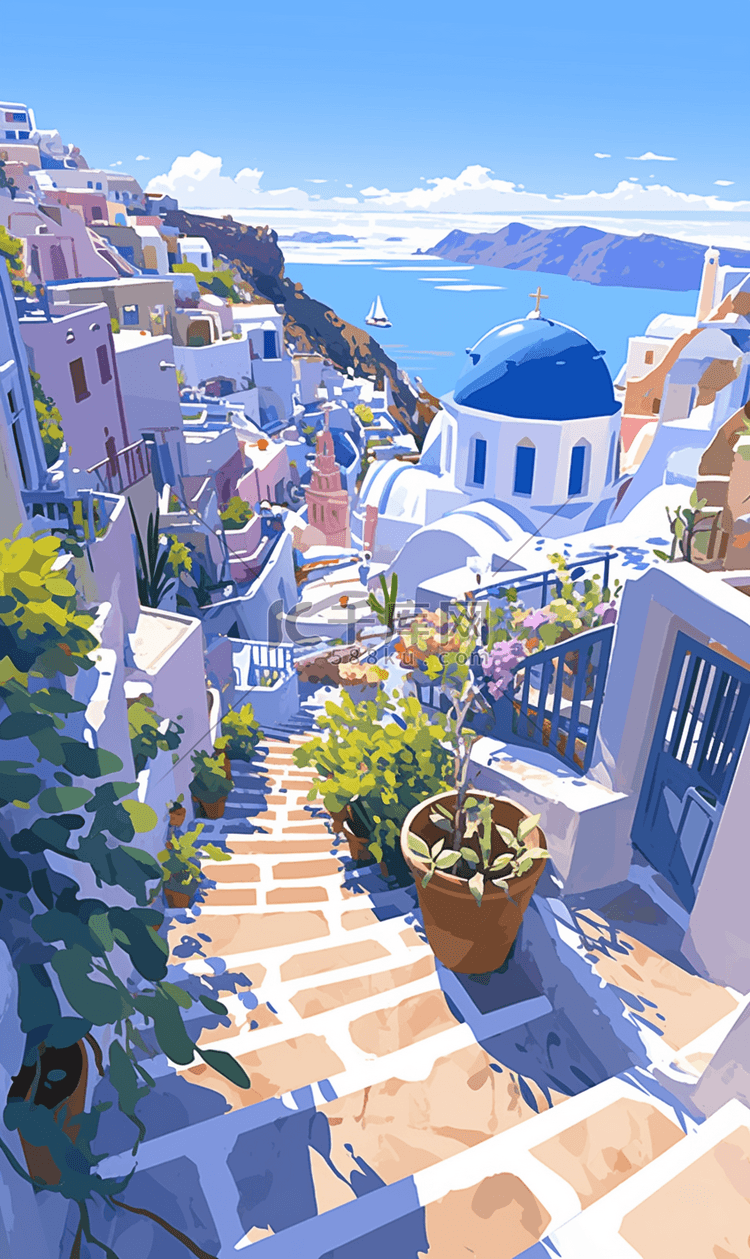 夏日治愈圣托里尼插画海边小岛
