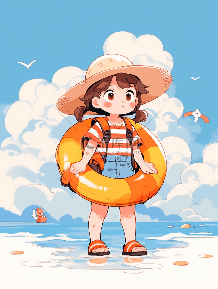 夏日插画蓝色大海暑假游泳女孩
