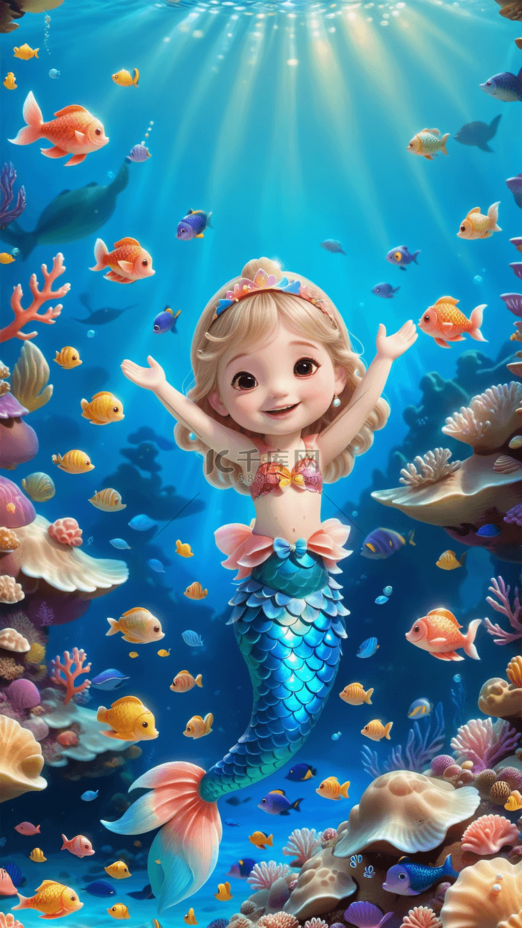 3d立体海底小美人鱼插画