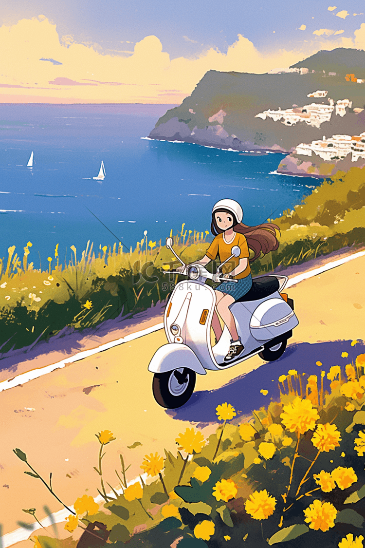 夏日海边女孩手绘插画唯美