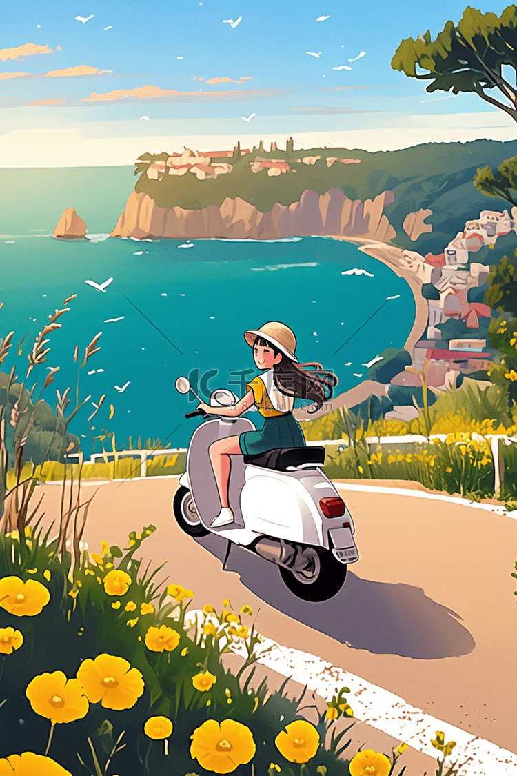 夏日唯美海边女孩手绘插画