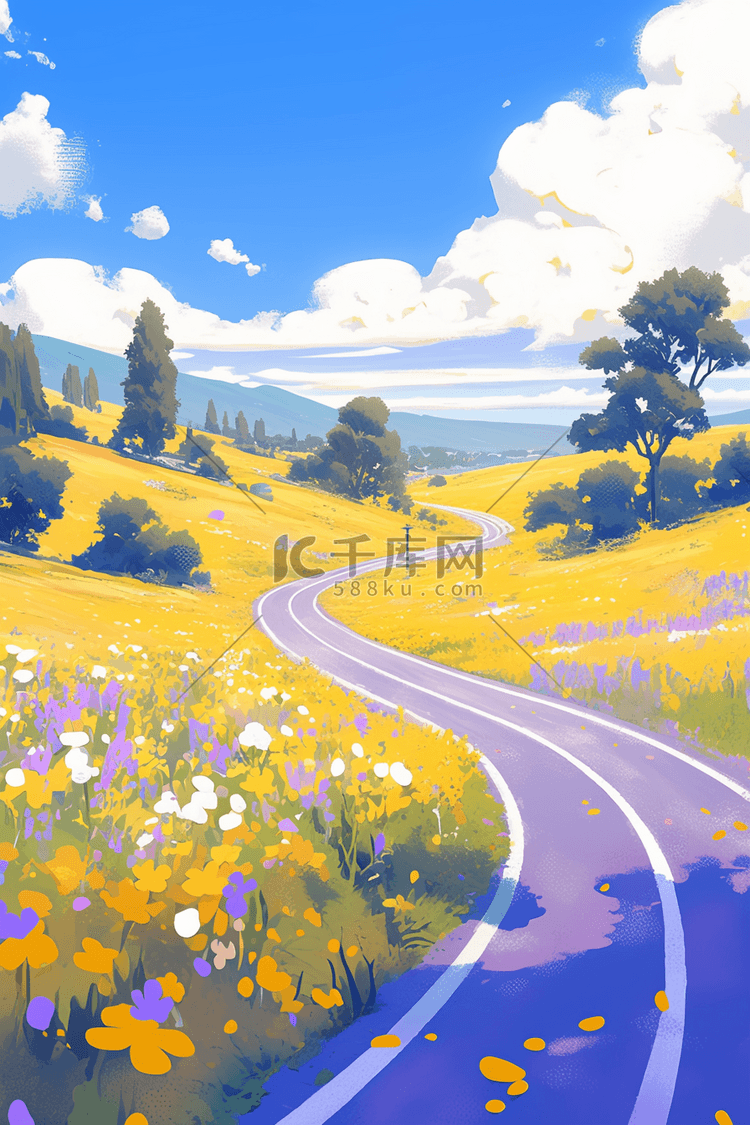 唯美公路手绘海报插画图片-千库网