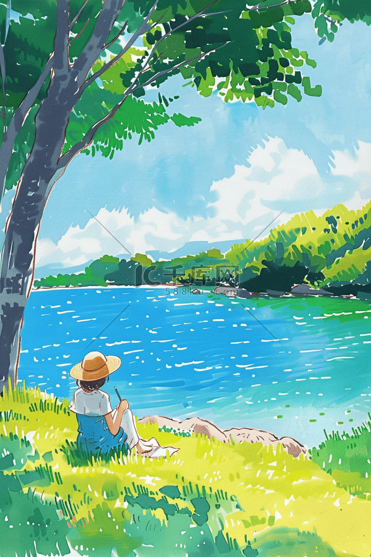 女孩唯美风景手绘海边插画