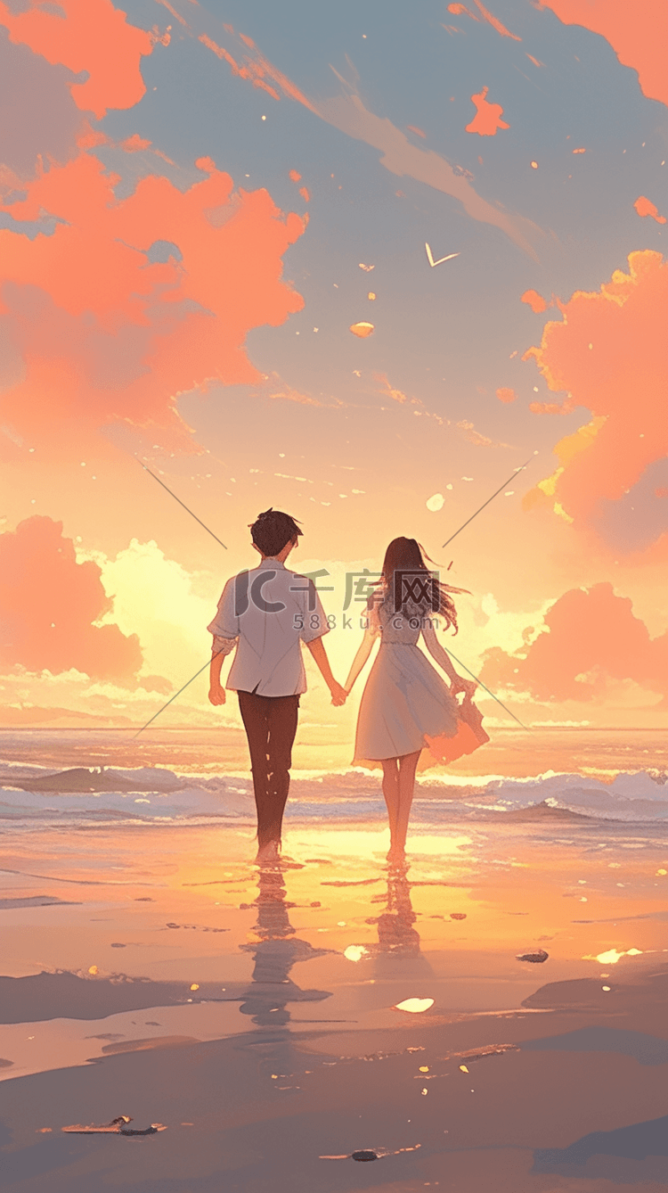 海滩牵手情侣爱情小说封面插画