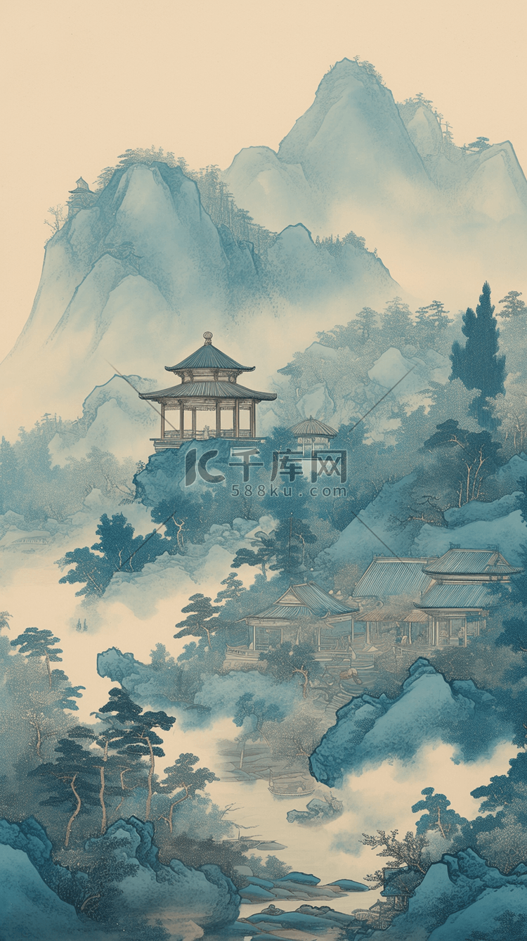 工笔山水画工笔古代建筑亭台素材
