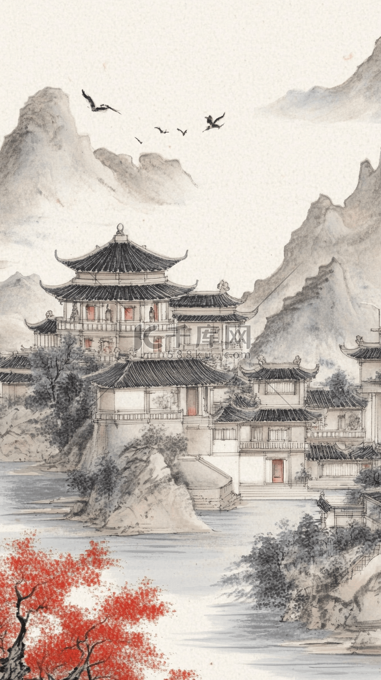 工笔建筑亭台楼阁国风中国画工笔山水画插画