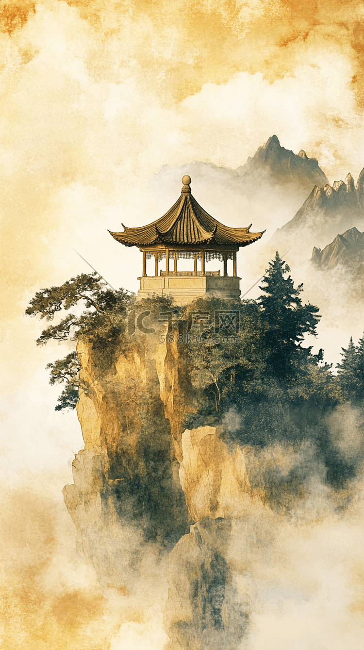 工笔山水画山居秋暝工笔亭台楼阁插画