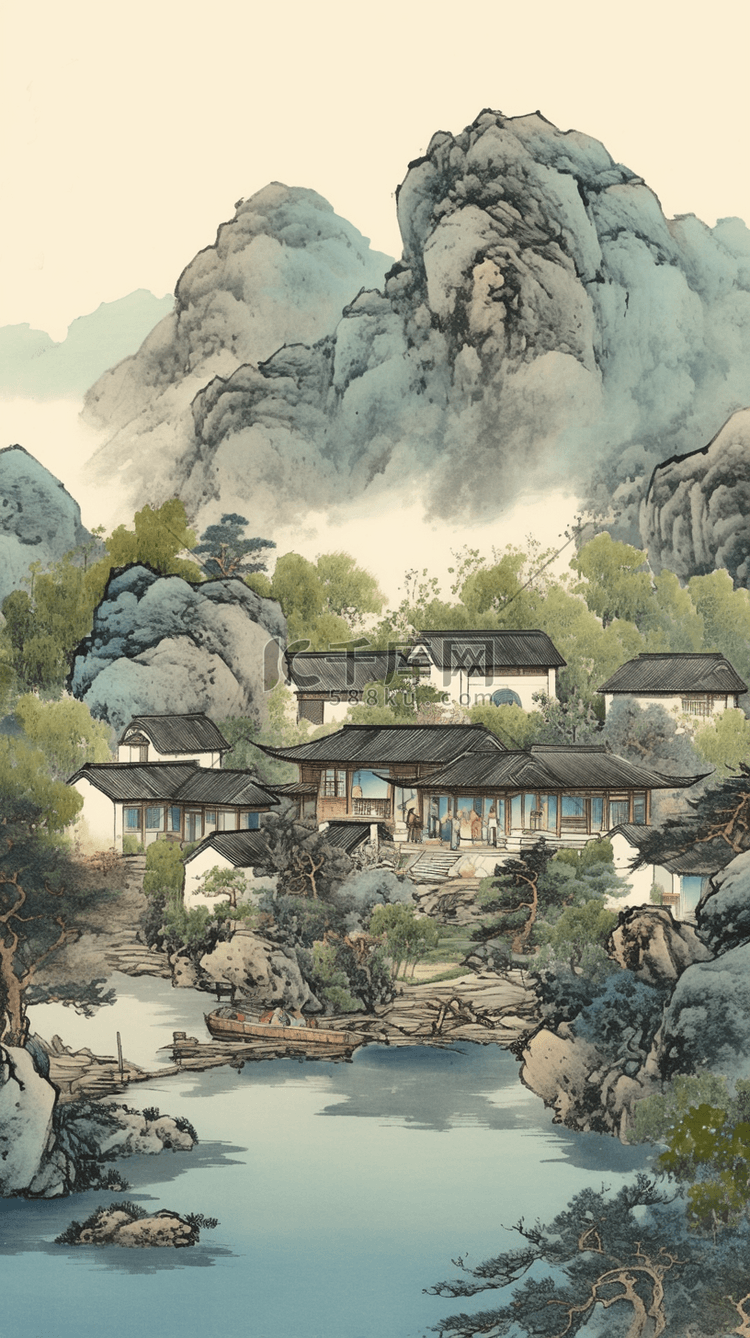 国风工笔山水画工笔古代建筑楼阁素材