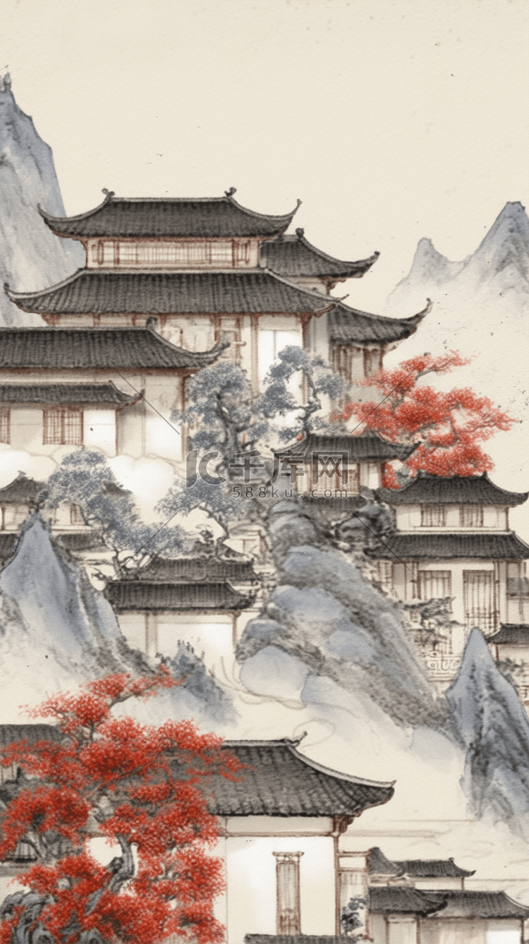 工笔山水画工笔古代亭台楼阁插画图片