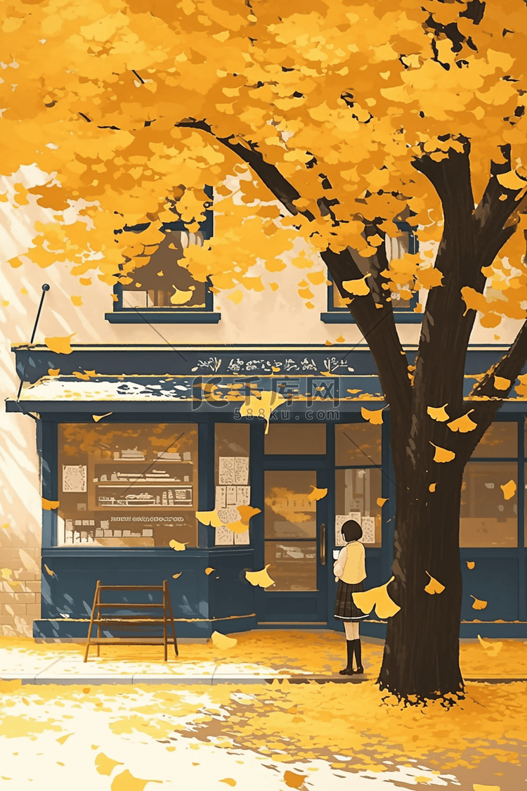 秋天银杏树唯美海报插画