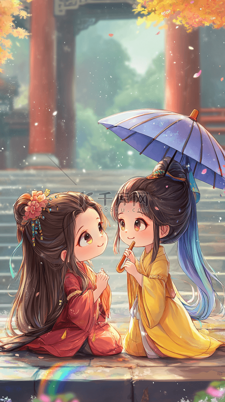古风q版情侣古风q版小说封面插画