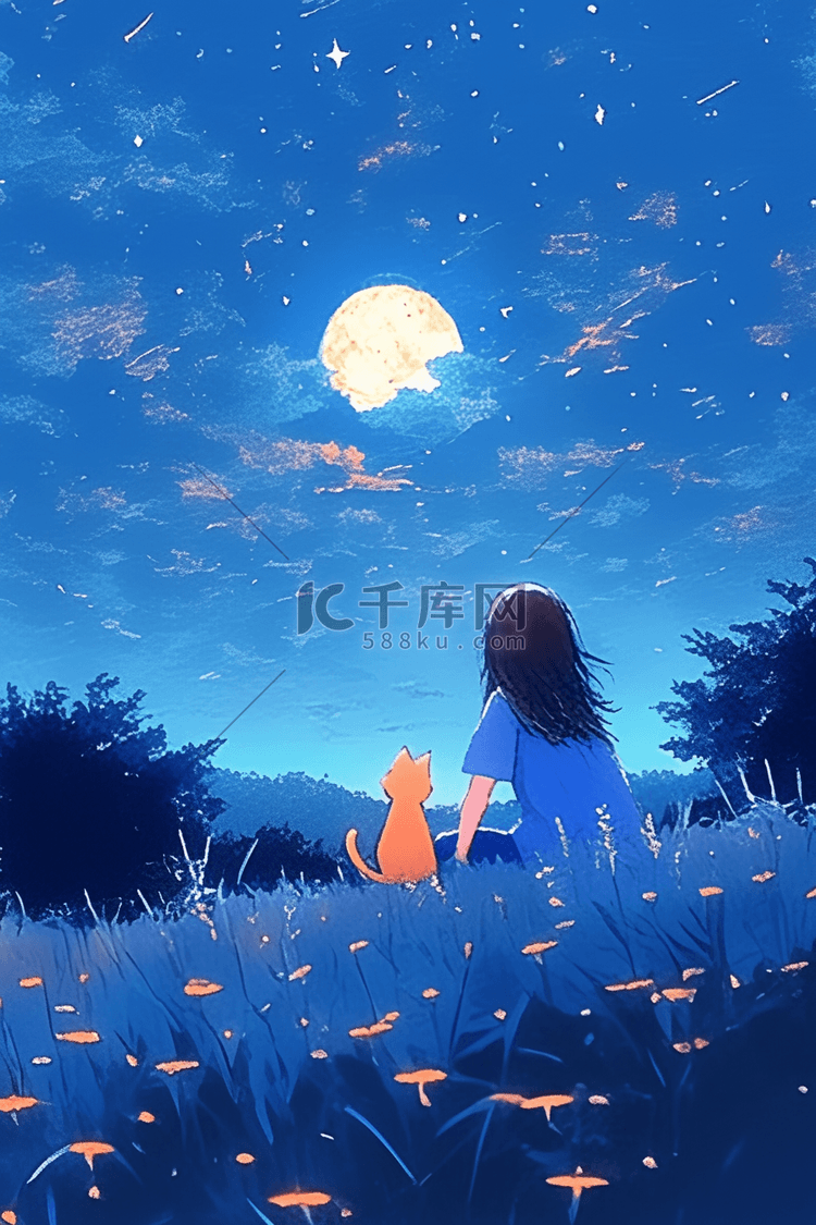 夜晚唯美女孩赏月手绘插画